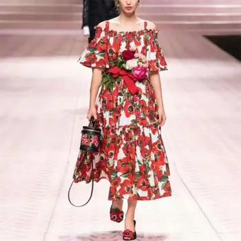 

Women Dress 2019 High Quality Spring Summer Designer Runway Half Sleeve Printed Spaghetti Strap Casual Dresses NP0093