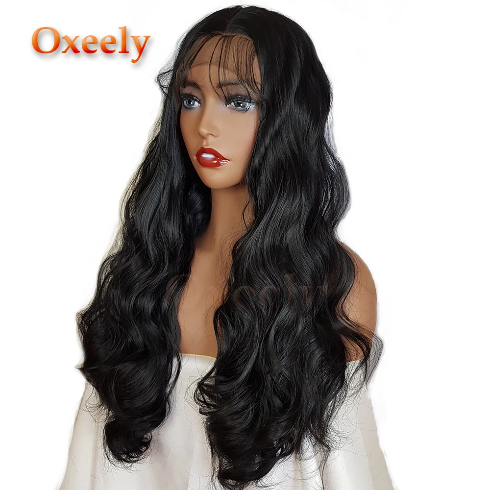 Oxeely Long Wave Synthetic Lace Front Wigs Black Color ...