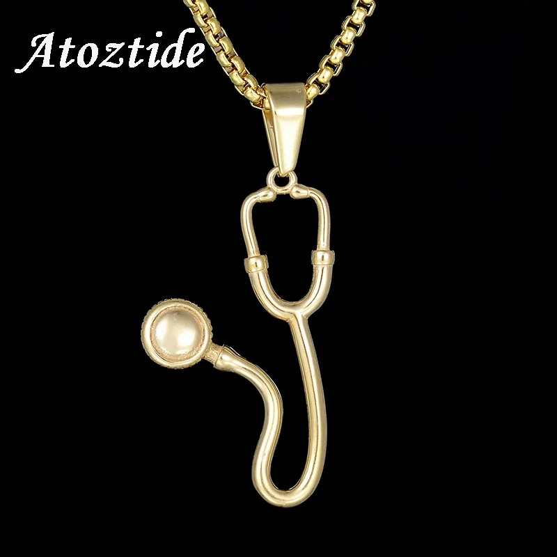 Atoztide минималистский дизайн из нержавеющей стали стетоскоп ожерелья кулон для женщин золотой цвет медицинское двойное ювелирное украшение на шею подарок