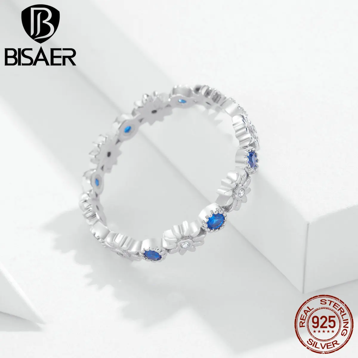 Женские кольца BISAER, 925 пробы, серебро, цветок маргаритки, кольца на палец для женщин, голубой кубический циркон, свадебные женские кольца, бижутерия EFR056