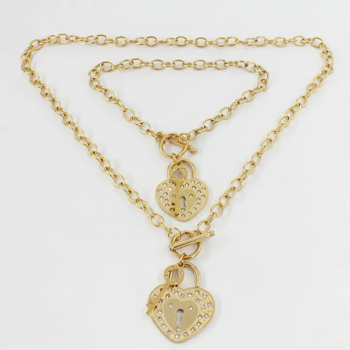

New design Stainless Women gold lock key crystal charms pendant chunky chain Bracelet Necklace Jewelry sets