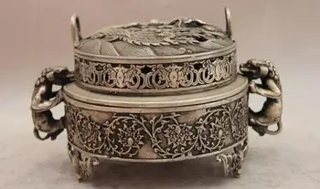 

China White Copper Silver Dragon Phoenix Foo Dog Lion Bat Incense Burner Censer