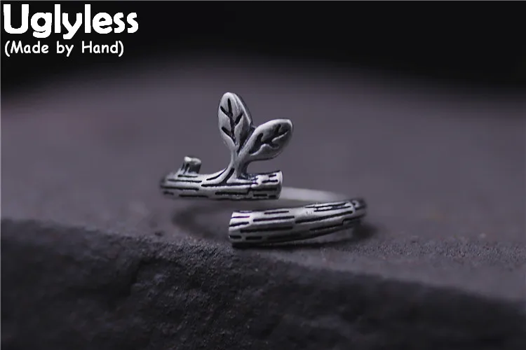 

Uglyless Real S925 Sterling Silver Handmade Leaf Women Opening Finger Rings Vintage Black Thai Silver Carved Branch Ring Bijoux