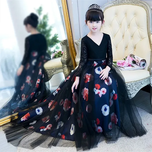 2018New lujo niños niñas impresión flor Holiday partido cola larga bola vestido modelo Show Host vestido del tutú del traje