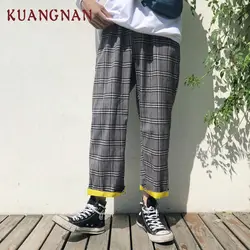 KUANGNAN клетчатые шаровары, мужские брюки, штаны для бега в стиле хип-хоп, мужская одежда 2018, джоггеры, Японская уличная одежда, мужские штаны
