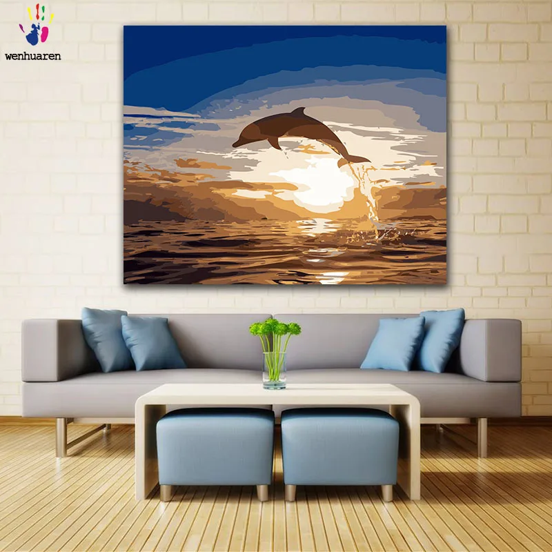 

DIY Coloring paint by numbers Dolphin jump water arc silhouette figure paintings by numbers with kits 40x50 framed