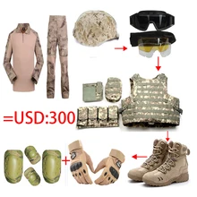 Полный комплект Тактический шлем/очки/жилет/Камуфляж лягушка Топы Брюки/США Печать армейские перчатки/военный пустынный бой/4 шт. наколенники