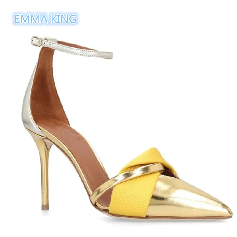 

Elegant Women Leather Satin Patchwork Design Spring Pumps Pointed Toe Pleated Sexy Stilettos Sandals Ankle Buckle High Heel Shoe
