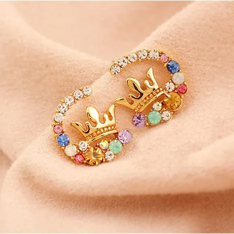 

Free Shipping 2014 New Delicate Bright Colorful Rhinestone Crown cc Stud Earrings