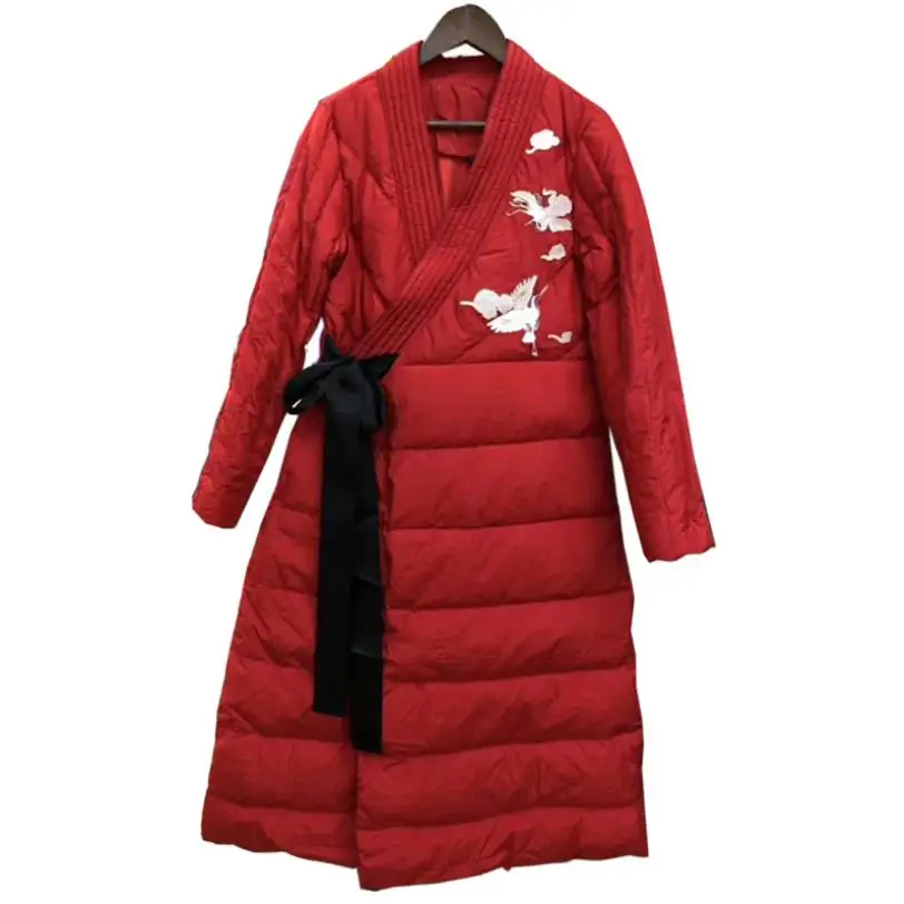 Newest Chinese Style embroidery down coats female long sleeve Korean