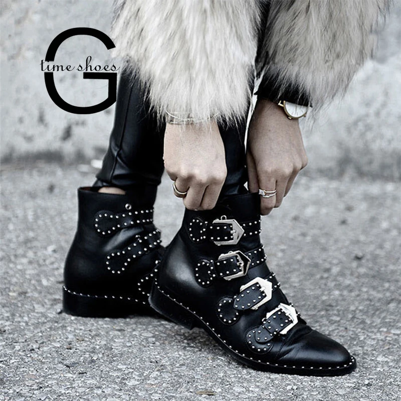

Gtime Motorcycle Ankle BootsFaux Leather Booties Buckle Straps Thick Heel Black Women Boots Studded Decorated Woman Boots SE024
