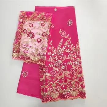 

(5+2 yards/set) Soft and smooth African george lace fabric wih gold sequins embroidery plus French lace fabric for dress