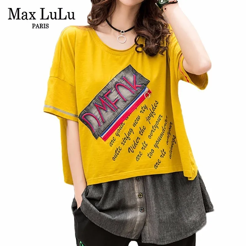 ماكس اللولو 2019 الأزياء الكورية نمط السيدات الصيف الدنيم قمم تيز إمرأة خليط المتضخم القمصان خمر المطبوعة التي شيرت فاسق