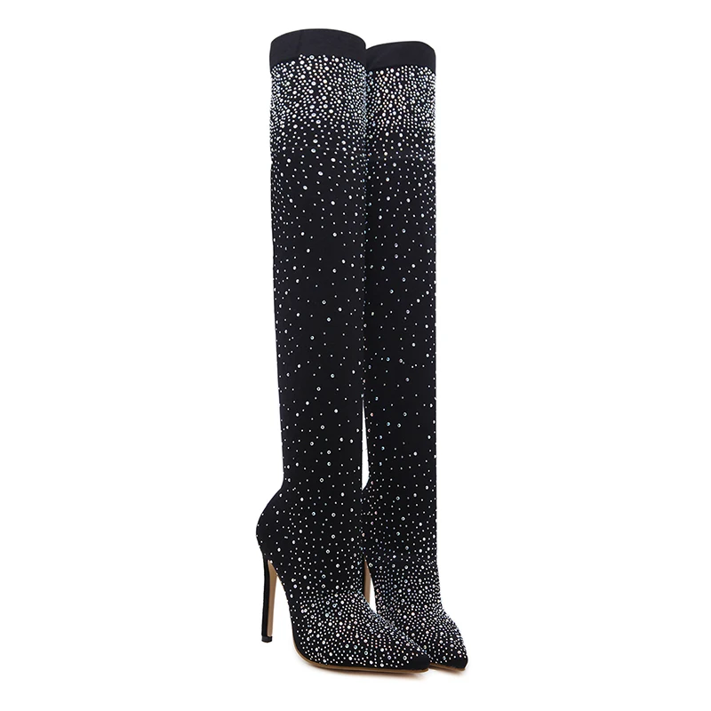 

2019 Women Fashion Thin 12cm High Heels Boots Female Fetish Crystal Shoes Lady Stiletto Pointy Over The Knee High Boots Shoes
