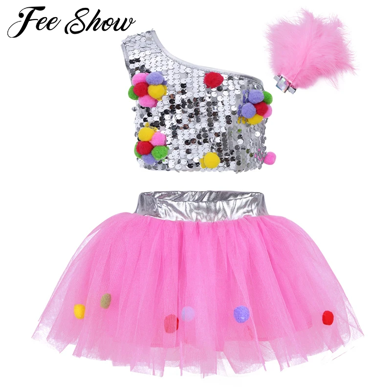 

Children Dance Ballet Costumes Sets Sequins Crop Top with Mesh Tutu Skirt Hair Clip for Jazz Ballet Ballroom Dance Dress Up