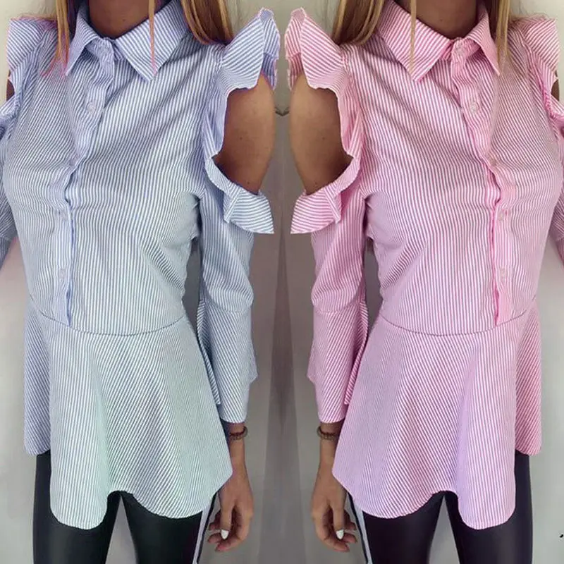 

2017 Fashion Women's Striped Shirts Ladies Long Sleeve Open Shoulder Ruffle Blouse Shirt Loose Casual Blouse Cotton Tops Shirt