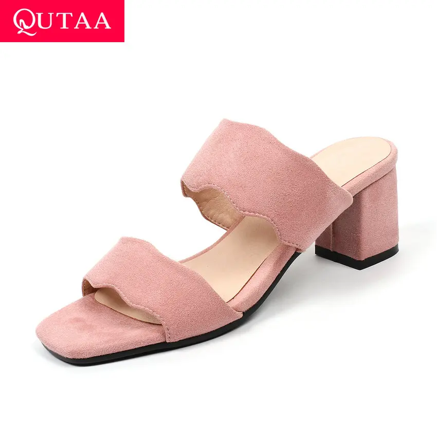 

QUTAA 2019 Women Sandals Breathable Flock Leisure Square High Heel Square Open-toed Simple Summer Fashion Ladies Shoes Size34-43