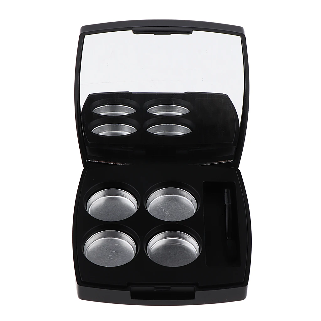 Black Empty Makeup Eyeshadow Pressed Powder Container Case 4 Round Aluminum Pans Palette with Mirror and Brush
