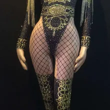 Золотой бахрома эполет Стразы комбинезон женский джаз танец Обнаженная облегающий костюм стретч наряд вечернее шоу цельный сексуальный костюм одежда