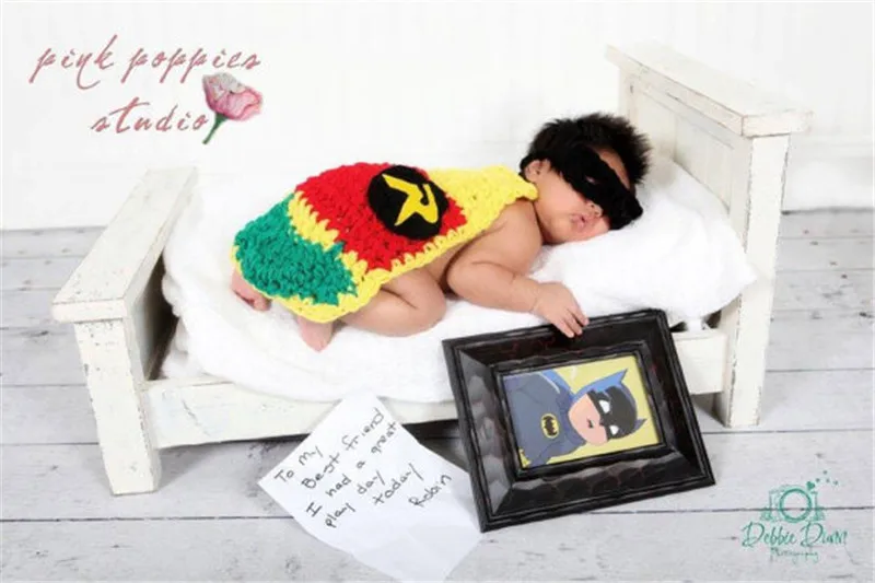 Latest Crochet Robin Sidekicke Mask&Cap Set Crochet Newborn Baby Photography Props Infant Baby Halloween Costume 1set MZS-16001
