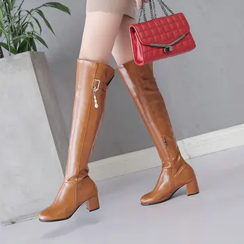 

Women Over the Knee Boots Thick Low Heels Knight Boots Pu Leather Zipper Boots Autumn Winter Fashion Shoes Black Brown Beige