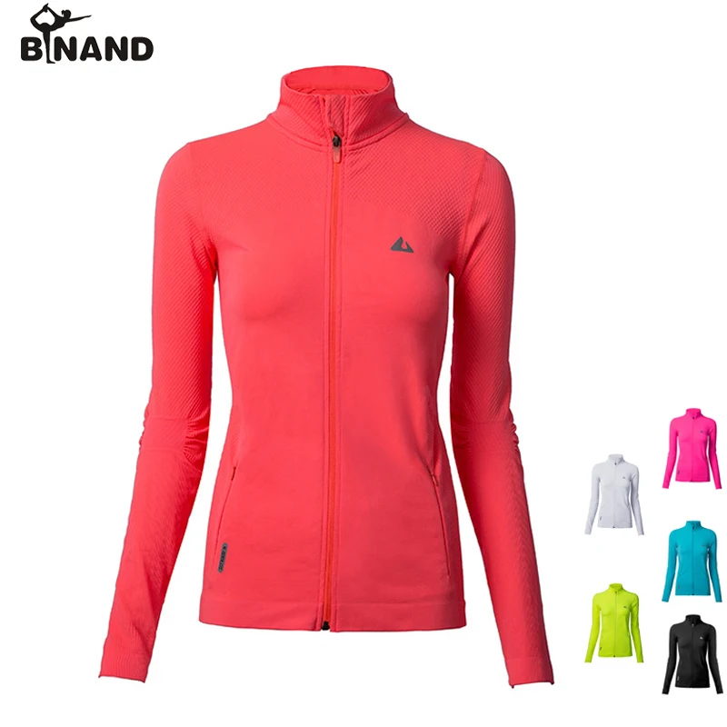 preço Mulheres Zipper Bolso BINAND Pequena Gola Jaqueta Yoga Exercícios De Fitness Ginásio de Esportes Em Execução Respirável Casaco Longo sleeved