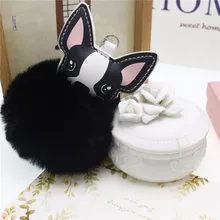 High Quality Toy Cute Metal Black PU Dog KeyChain Plush Toy Pendant Women Fluffy Fur Pom Pom Keyring Bag Hang Plush Toy