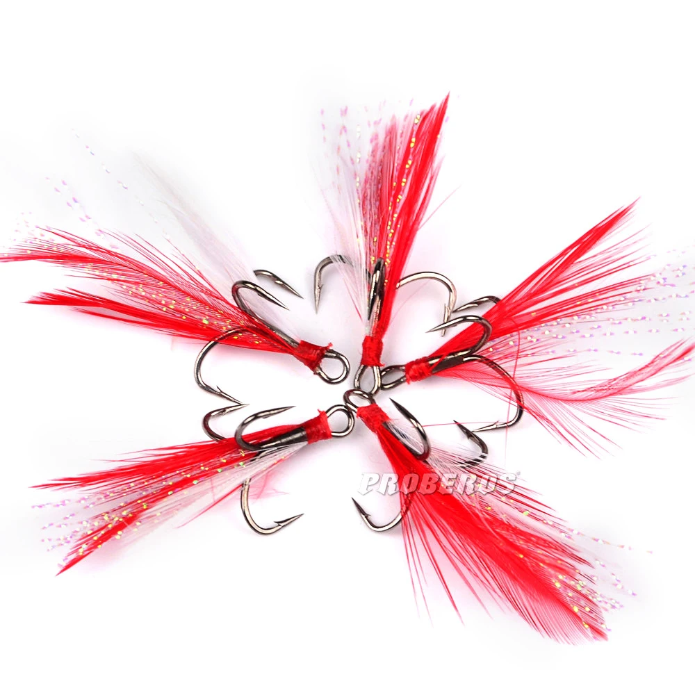 

4pcs/lot Fish hook Red Fishing Hook with Feather Fishing Tackle High alloy steel Round Bent Triple Artificial Lure Fishhooks
