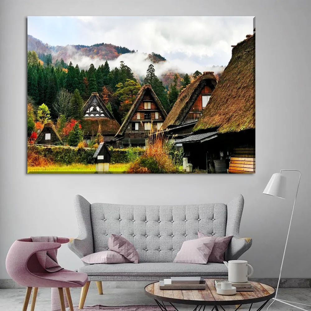 1 Panel Japan Rural Building Mountains Trees Landscape Picture Modern Home Decor Wall Frameless Or Painting Print Type | Дом и сад