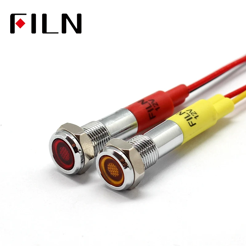 filn 6mm mini 12v LED metal indicator light flat signal lamp Red Yellow with 20cm cable filn 12mm 12v metal led indicator light pilot lamp car signal light red green blue white amber signal light