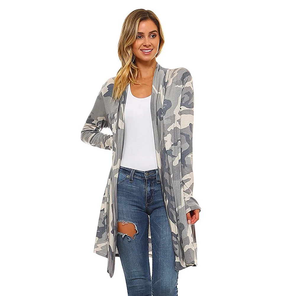 Women Camouflage Long Cardigans Casual Spring Autumn Thin Trench 