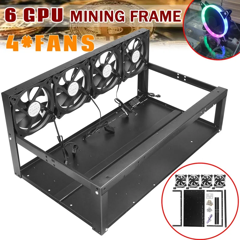 

6 GPU Mining Frame Case 6 x GPU Slots With 4 x Tricolor Fans Mining Case For ETH ZEC/Bitcoin fit