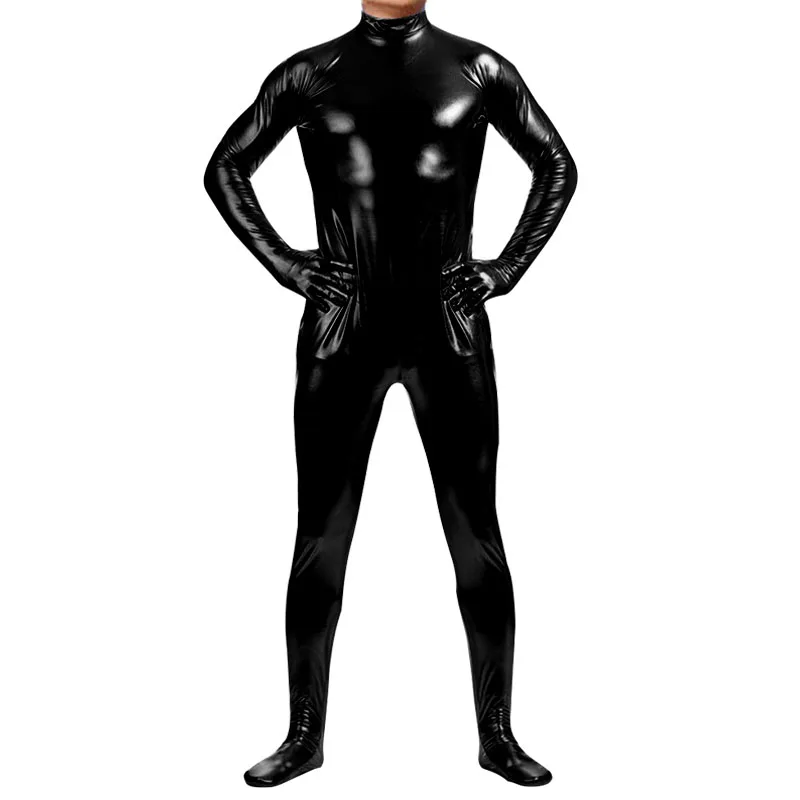 Ensnovo Men Nylon Lycra Spandex Suit Black Shiny Metallic Tights Headless Zentai Suit Full Body