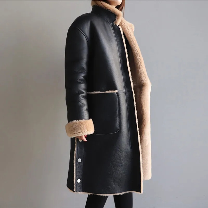 Winter leather jacket women lambswool coat Plus size 5XL Flocking Thicken warm PU leather coat female Both sides can be worn2325