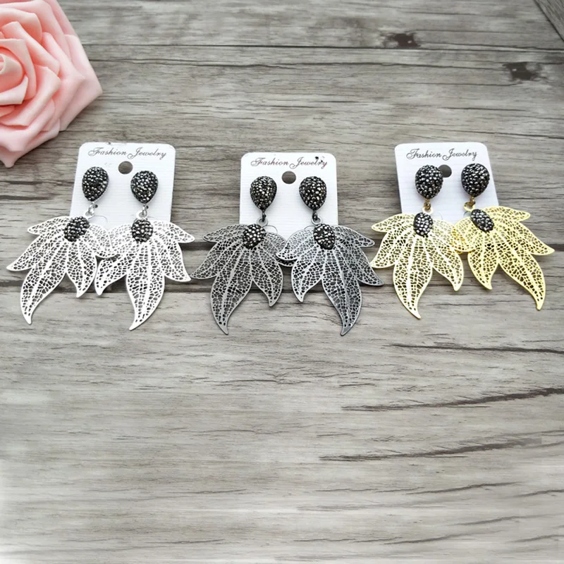 

1/5 Pairs Fashion leaf shaped earrings pave Black rhinestone dangle handmade charm women Jewelry Earrings ER685