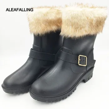 

Aleafalling Thickened Winter Waterproof Shoes Fashion PVC Platform Mid-calf Faux Fur Motorcycle Shoes Garden Women RainBoot W146