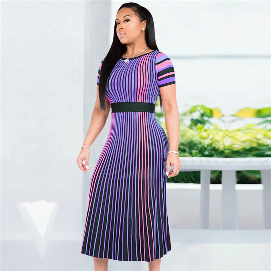 BAIBAZIN African Clothing Fashion Sexy European and American Color Stripes Short Sleeves Round Neck Slim Waist Long Skirt