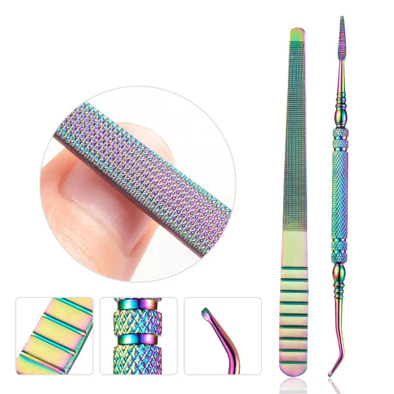 

1Pcs Nail File Rainbow Titanium Stainless Steel Nail Cuticle Pusher Tweezer Dead Skin Push Remover Nail Clipper Manicure Tool