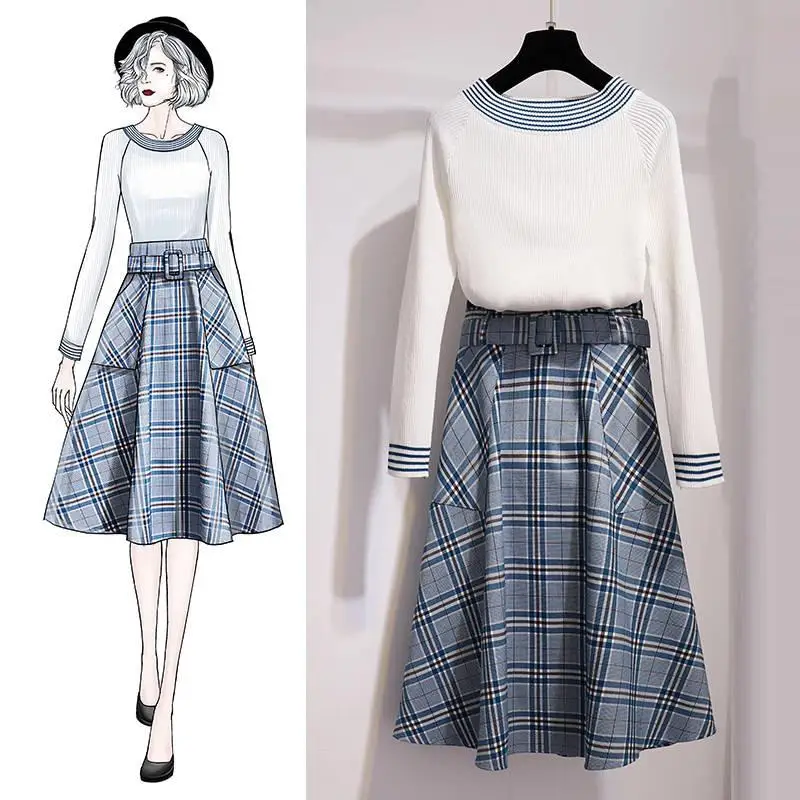 

Women 2019 New Summer Fashion Wild Simple O Neck Long Sleeve Tops + High Waist Plaid Pleated A-Line Midi Skirt 2 pieces Sets J9