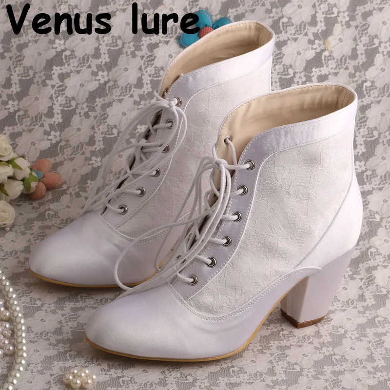 Custom White Wedding Shoes Boots Block Heel Bridal Boot Half Women
