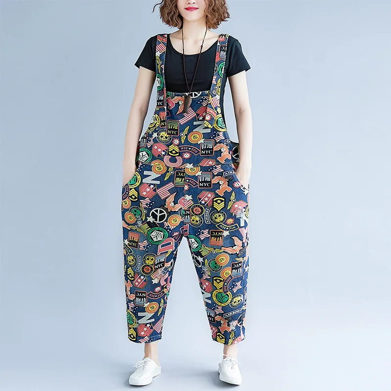 

Korean Women Letter Print Jeans Jumpsuit Ladies Hip Hop Denim Romper Overalls Summer Harem pants Wide Leg Denim Pants Female