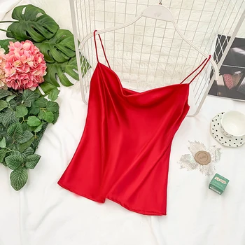 

Elegant Feminine Pure Satin Sexy Outside Wearing Vest Tops Woman Sleeveless Harajuku Clothes G553
