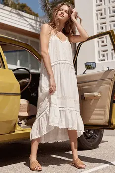 

Summer long white dress solid color strapless sweet boho dress loose style ethnic holiday long dress ruffles splice lace dress