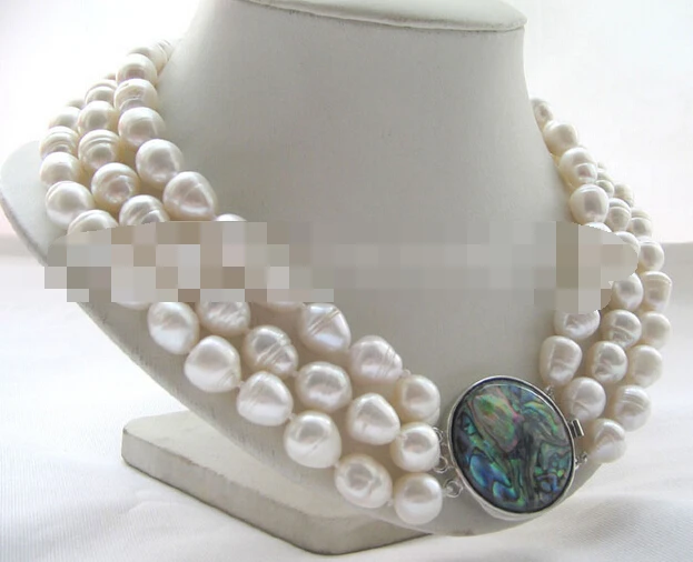 

3141 3row white baroque rice freshwater pearl necklace - abalone shell