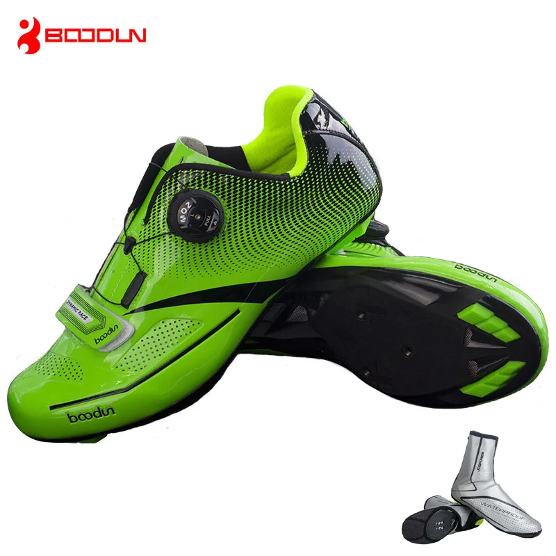 green with overshoes BOODUN, дышащий материал, профессиональная самоблокирующаяся велосипедная обувь, обувь для шоссейного велосипеда, Ультралегкие спортивные гоночные кроссовки, Zapatos Ciclismo - Цвет: green with overshoes