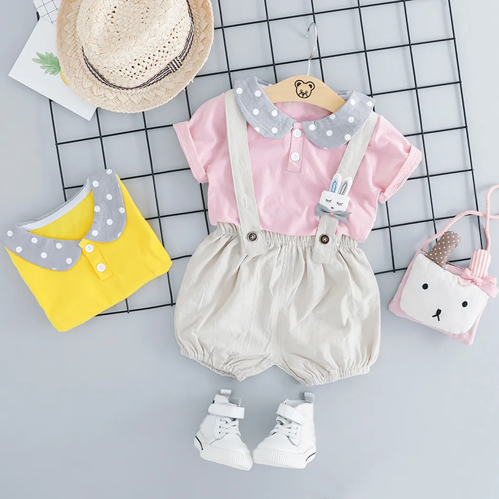 

Fashion SummerToddler Baby Kids Boys Girls Dot Tops Rabbit Bunny Overall Pants Rompers Casual Outfits Girls Boys Clothing Sets