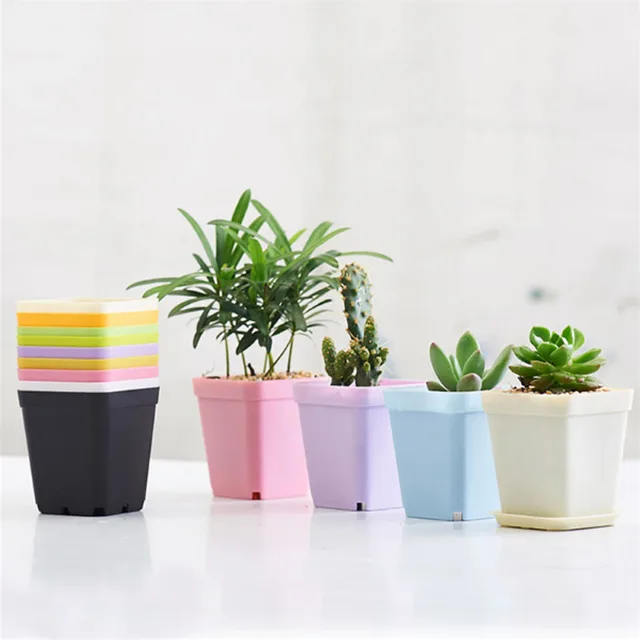 Gardening Mini Plastic Flower Pots+Plastic Tray Vase Square Flower Bonsai Planter Nursery Pots 7 Color Garden Supplies V4604
