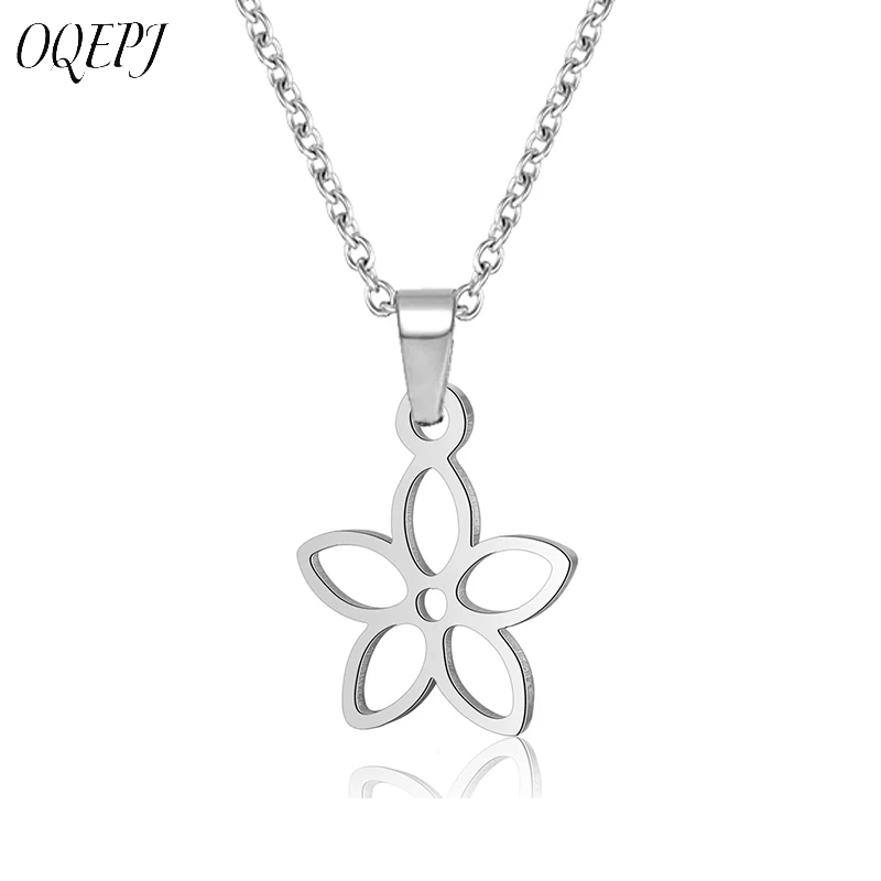 

OQEPJ Cute Five Petals Flower Necklace Pendant Stainless Steel Women Kids Girls Necklaces Hollow Plant Shape Jewelry Accessories