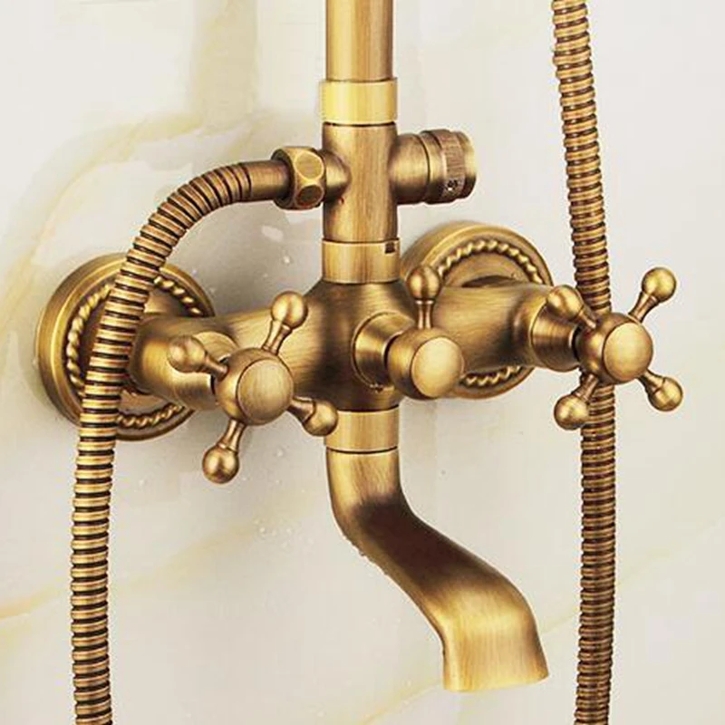 Настенный душевой набор для ванной комнаты, античный бронзовый дождевой Душ с ручной душевой латунный дождевой душевой кран, наборы EL4003