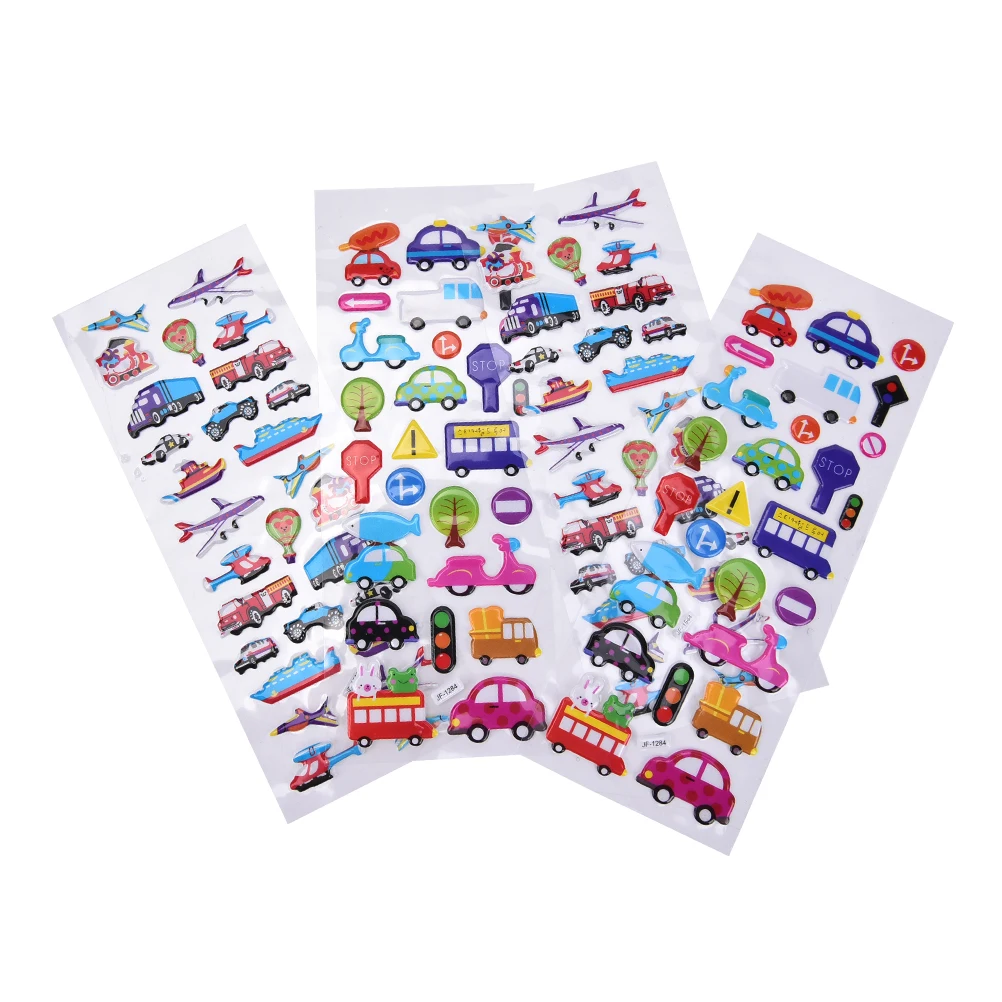 2PCS / lot Mixed Cartoon Bubble Stickers Transport Cars Children Kids Girls&Boys Cartoon Stickers Decoration Christmas Gift